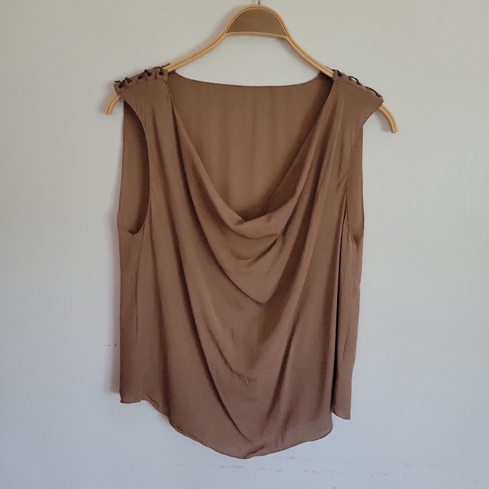 TWP Silk Satin Cowl Neck Blouse Large Brown Sleeveless Quiet Luxury Minimalist